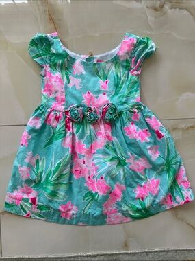 Lilly Pulitzer Aqua Dress with Pink Floral Rosette Waist